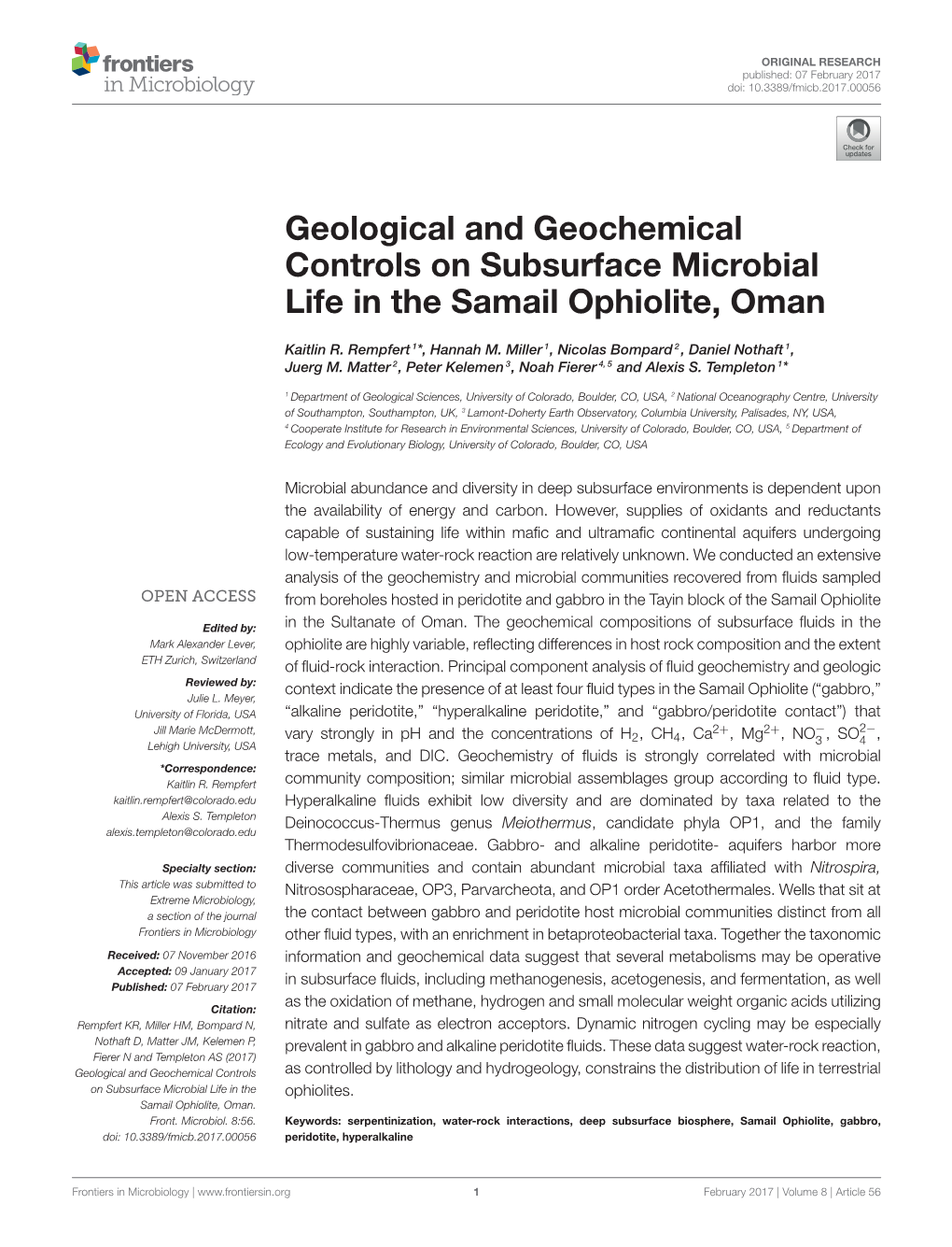 Geological and Geochemical Controls on Subsurface Microbial Life in the Samail Ophiolite, Oman
