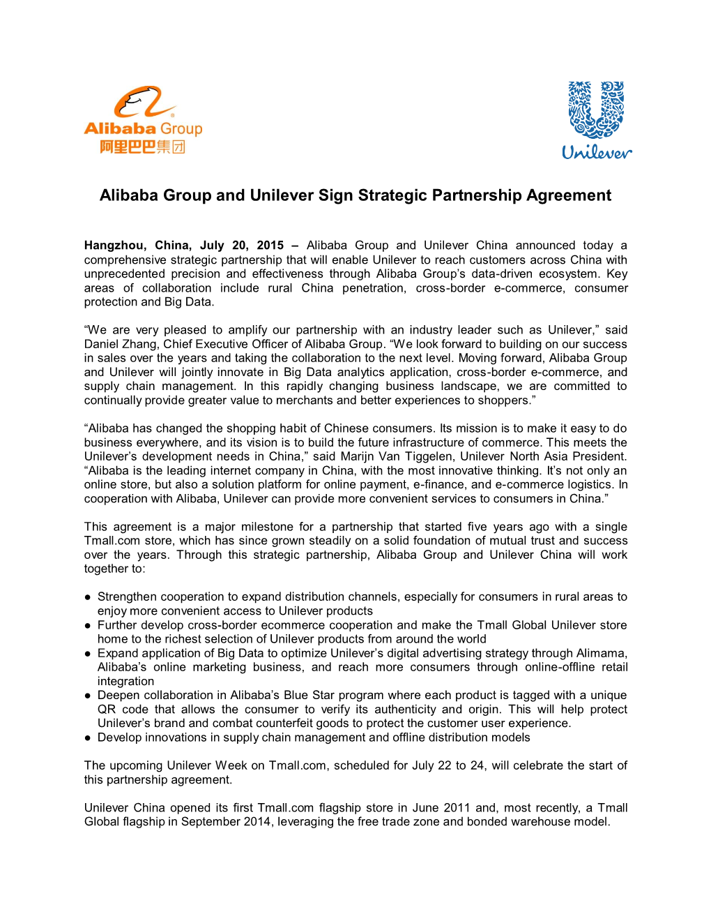 Alibaba Group and Unilever Sign Strategic Partnership Agreement