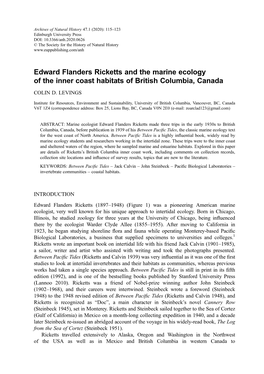 Edward Flanders Ricketts and the Marine Ecology of the Inner Coast Habitats of British Columbia, Canada