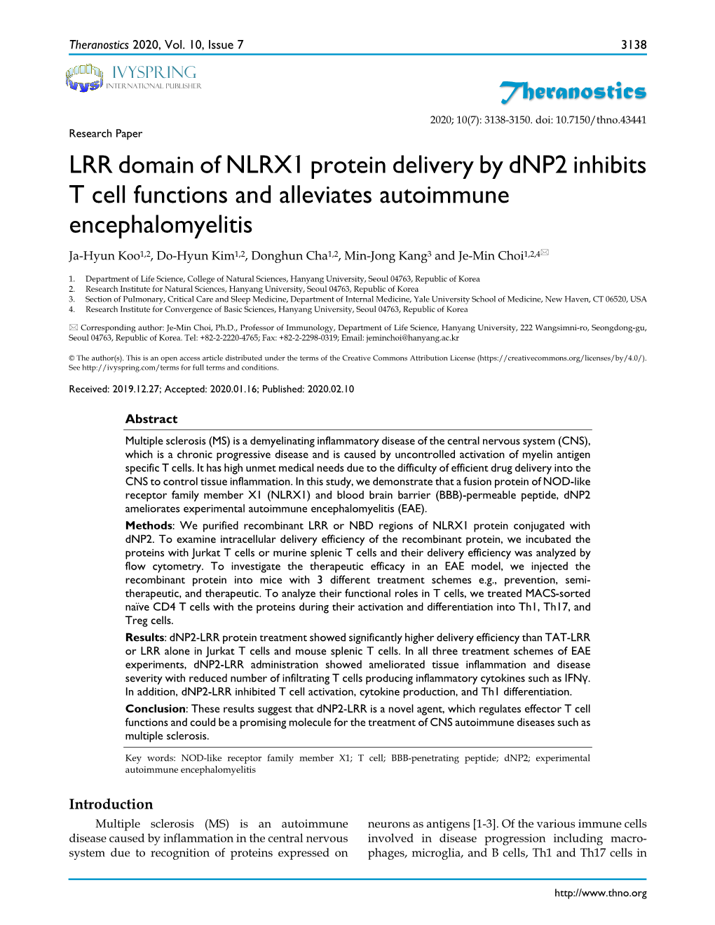 LRR Domain of NLRX1 Protein Delivery by Dnp2 Inhibits T Cell