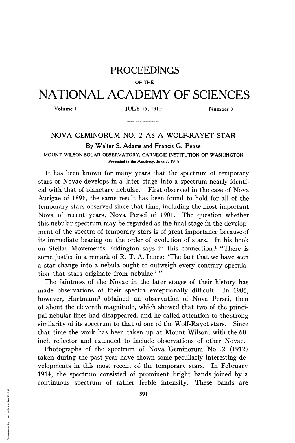 NATIONAL ACADEMY of SCIENCES Volume I JULY 15, 1915 Number 7