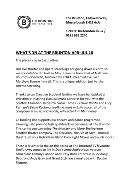 What's on at the Brunton Apr–Jul 18