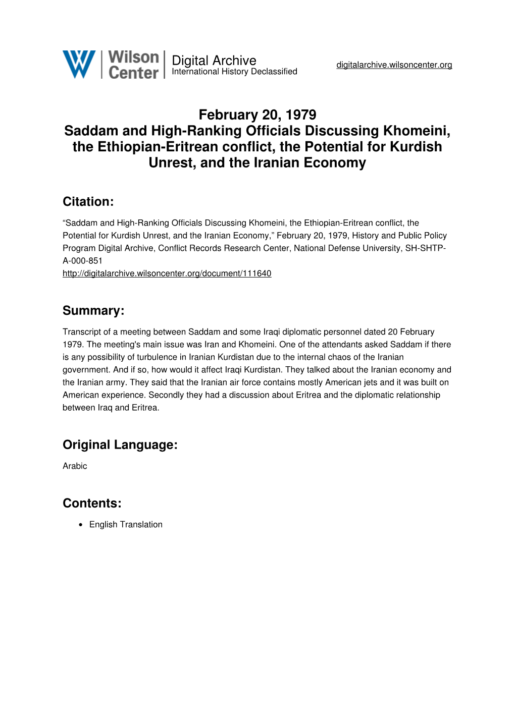February 20, 1979 Saddam and High-Ranking Officials Discussing Khomeini, the Ethiopian-Eritrean Conflict, the Potential for Kurdish Unrest, and the Iranian Economy