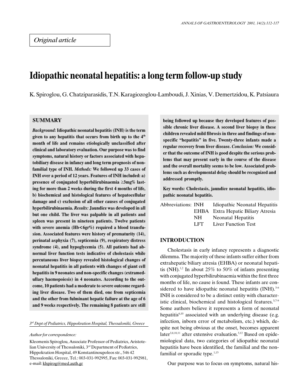 Idiopathic Neonatal Hepatitis: a Long Term Follow-Up Study