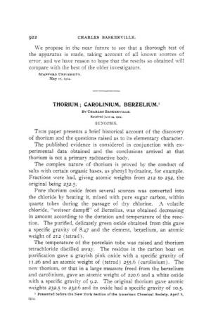 THORIUM ; CAROLINIUM, BERZELIUM.' by CHARLESBASKERVILLE Recerved Tune 24, 1904