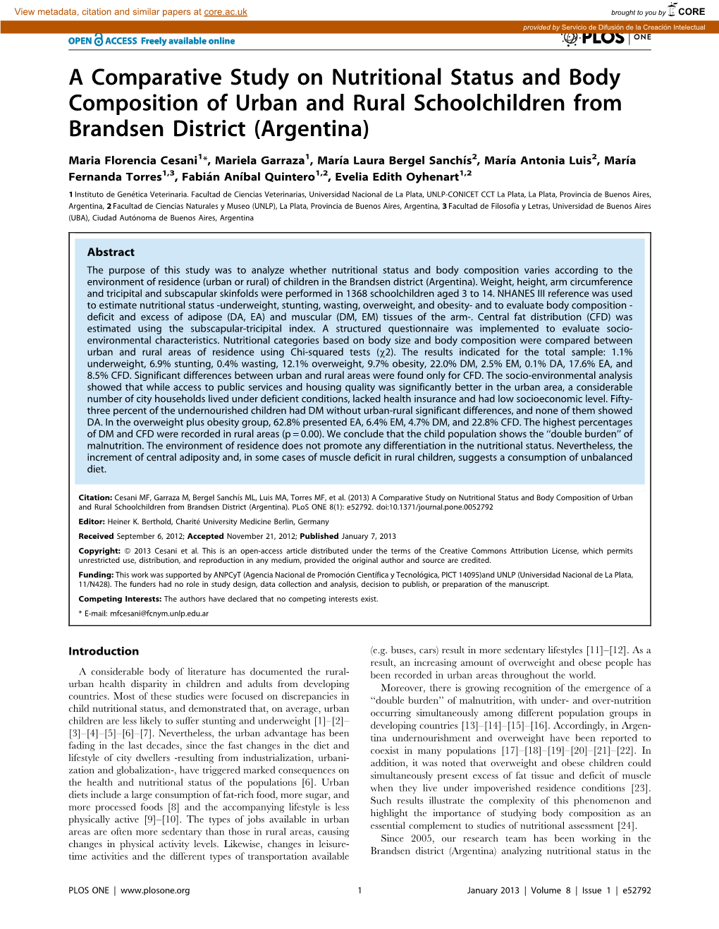 A Comparative Study on Nutritional Status and Body Composition of Urban and Rural Schoolchildren from Brandsen District (Argentina)