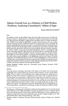 Islamic Custody Lawasa Solution to Child W Elfare Problems: Analyzing Usturfıshini's * Ahkam Al-Sigar