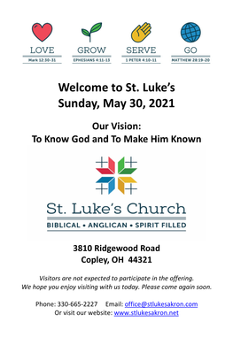 St. Luke's Sunday, May 30, 2021