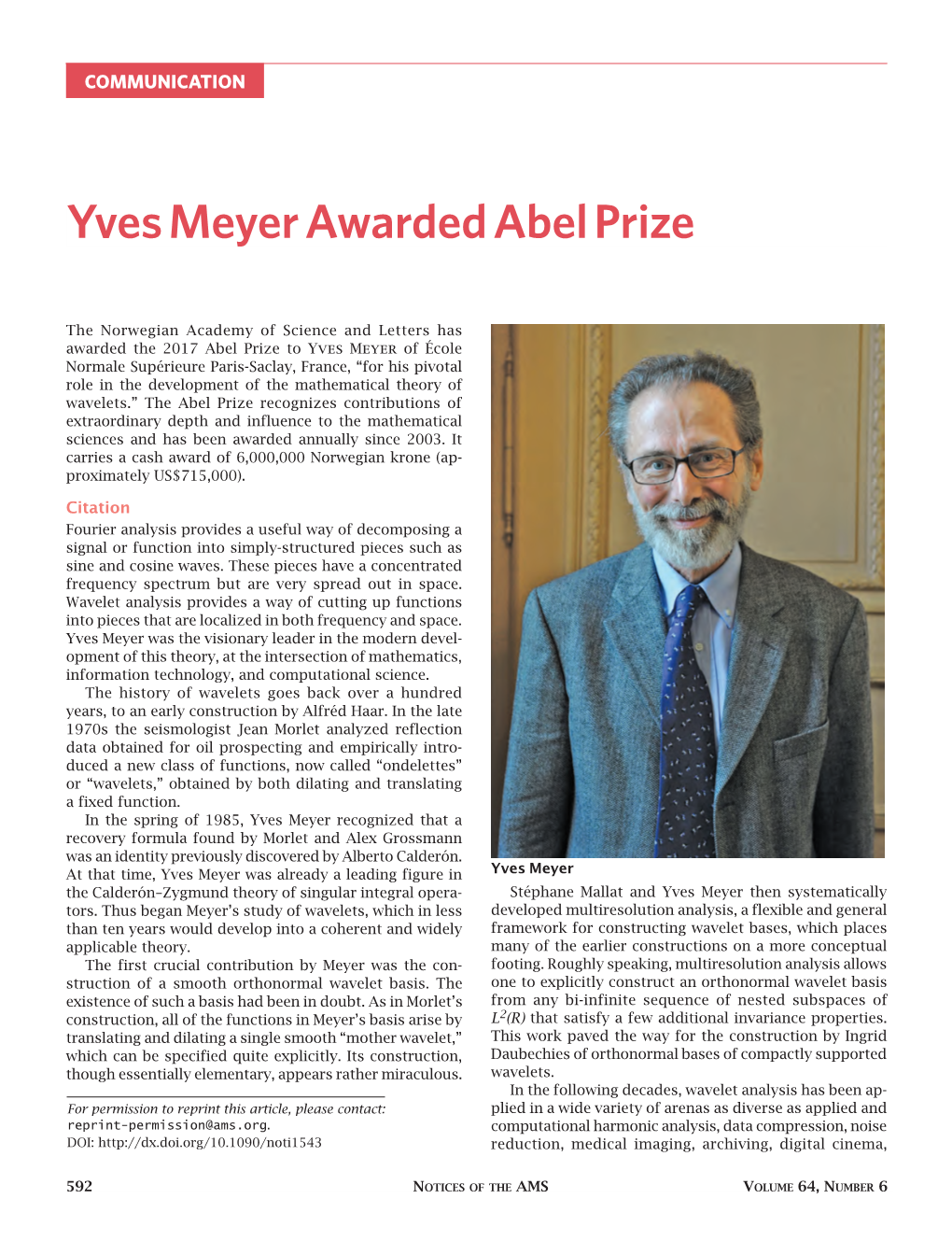 Yves Meyer Awarded Abel Prize