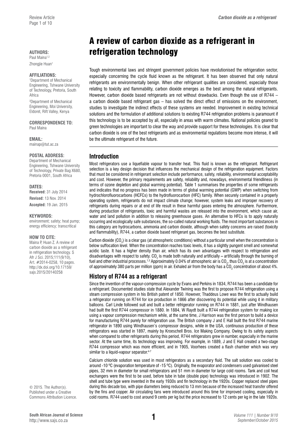 A Review of Carbon Dioxide As a Refrigerant in Refrigeration Technology