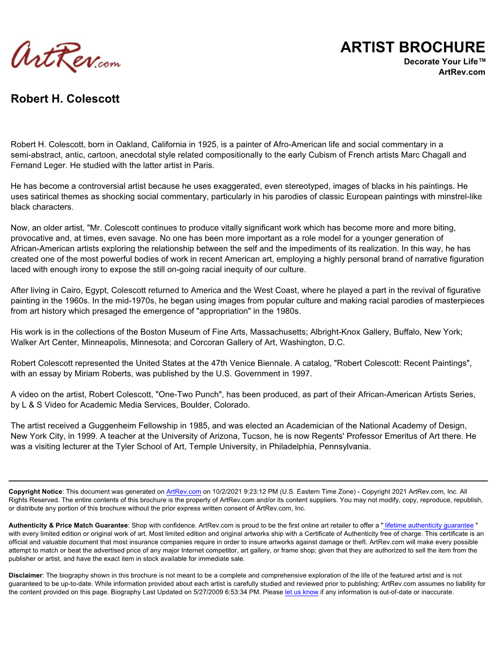 Robert H. Colescott Biography