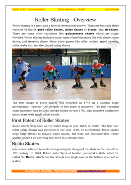 Roller Skating - Overview Roller Skating Is a Sport and a Form of Recreational Activity
