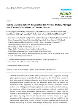 Sulfite Oxidase Activity Is Essential for Normal Sulfur, Nitrogen and Carbon Metabolism in Tomato Leaves