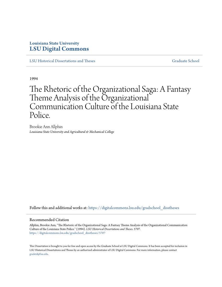 The Rhetoric of the Organizational Saga: a Fantasy Theme Analysis of the Organizational Communication Culture of the Louisiana State Police
