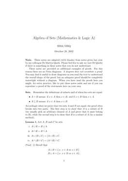 Algebra of Sets (Mathematics & Logic A)