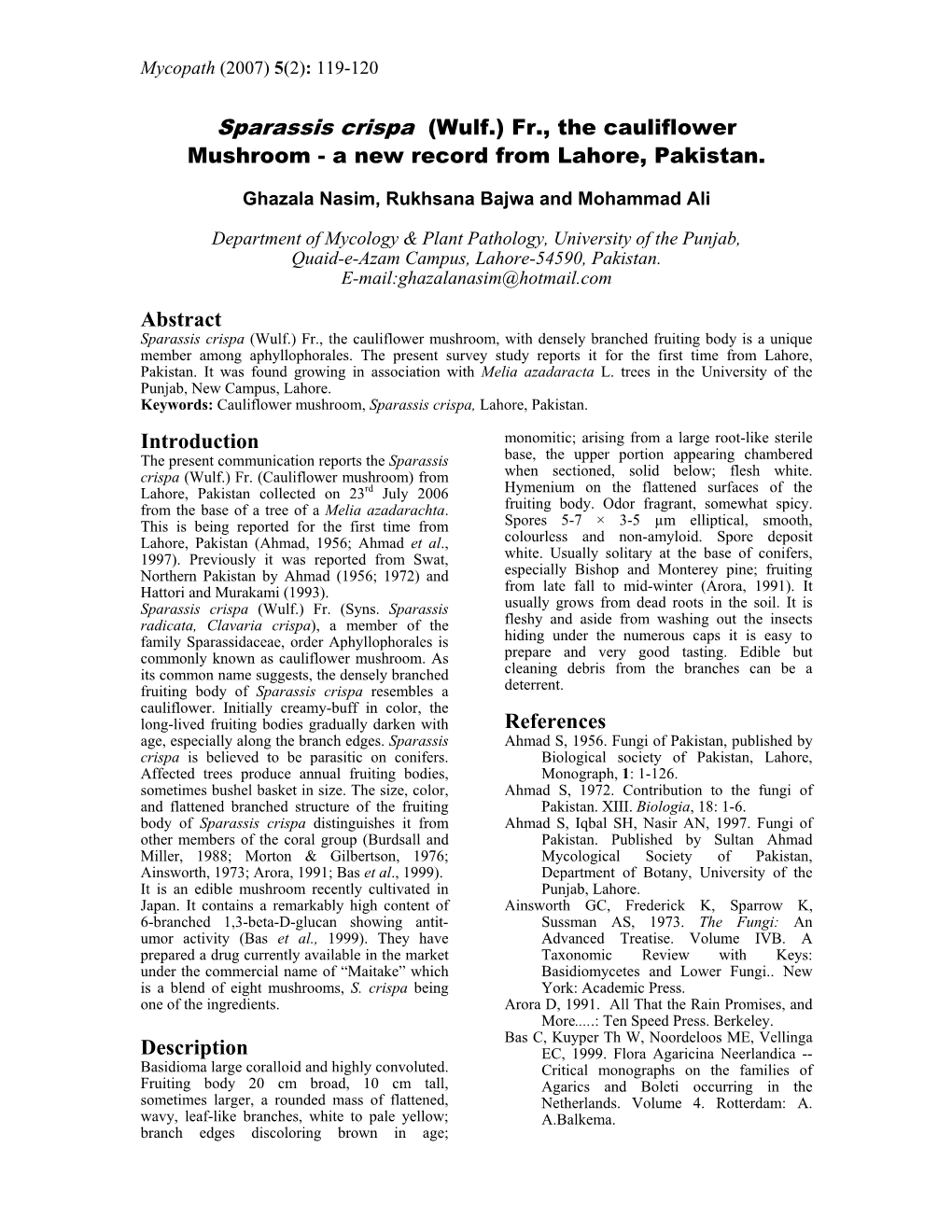 Sparassis Crispa (Wulf.) Fr., the Cauliflower Mushroom - a New Record from Lahore, Pakistan