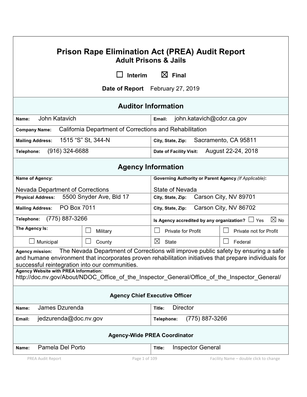 Prison Rape Elimination Act (PREA) Audit Report Adult Prisons & Jails