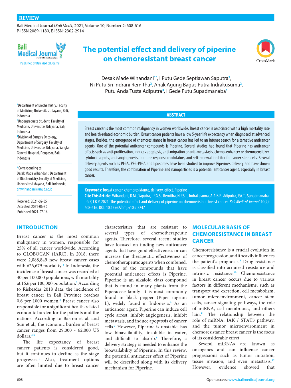 The Potential Effect and Delivery of Piperine on Chemoresistant Breast Cancer Published by Bali Medical Journal