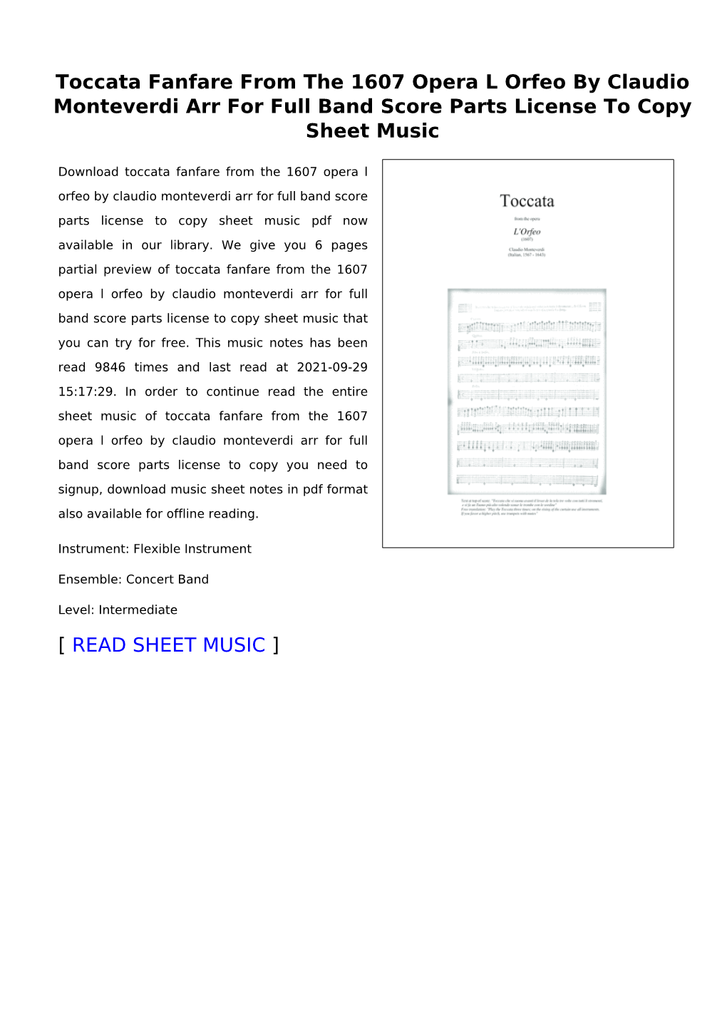 Toccata Fanfare from the 1607 Opera L Orfeo by Claudio Monteverdi Arr for Full Band Score Parts License to Copy Sheet Music