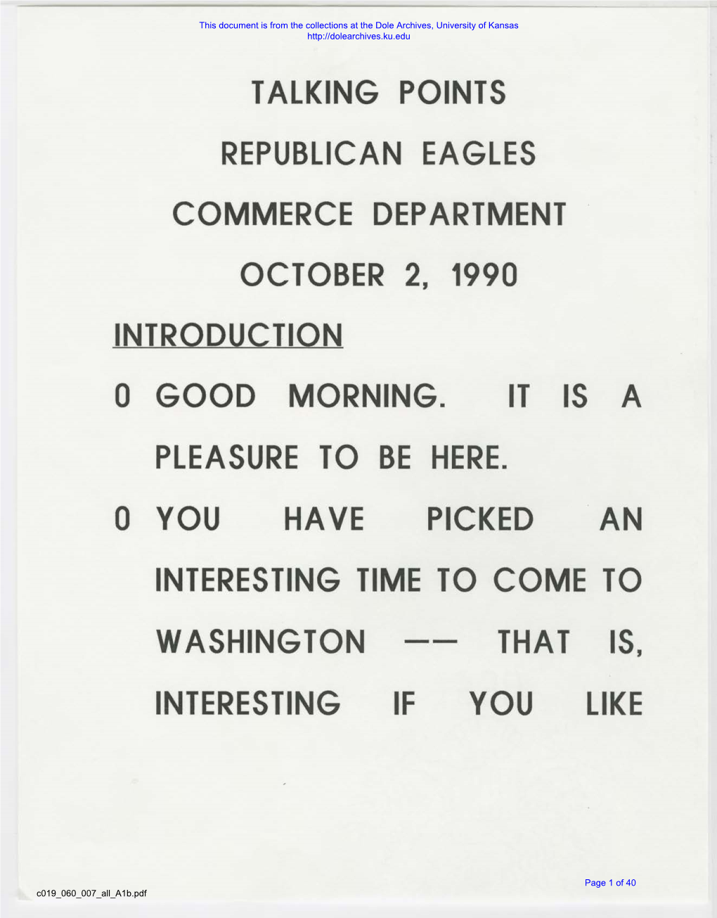 Talking Points Republican Eagles Commerce Department October 2, 1990 Introduction 0 Good Morning