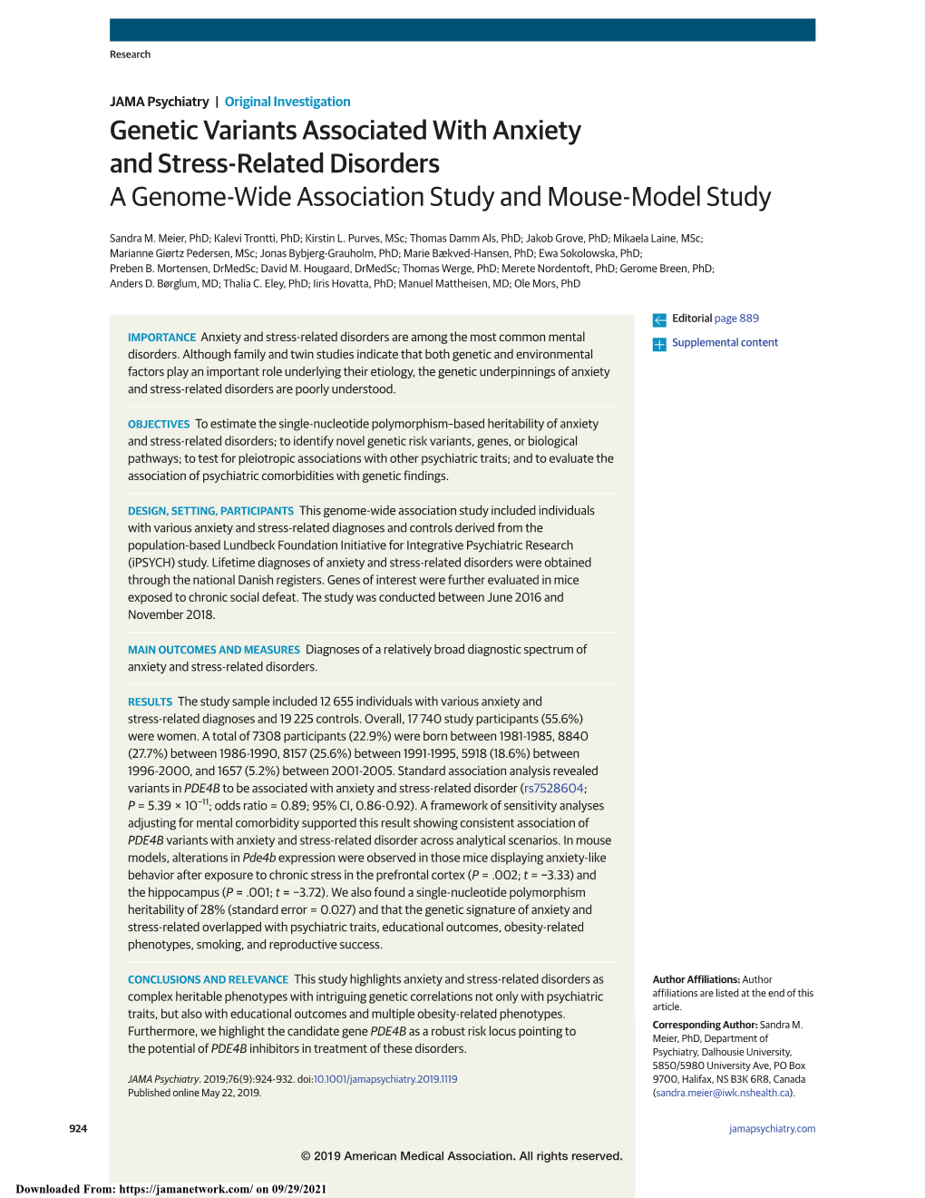 Genetic Variants Associated with Anxiety and Stress-Related Disorders a Genome-Wide Association Study and Mouse-Model Study