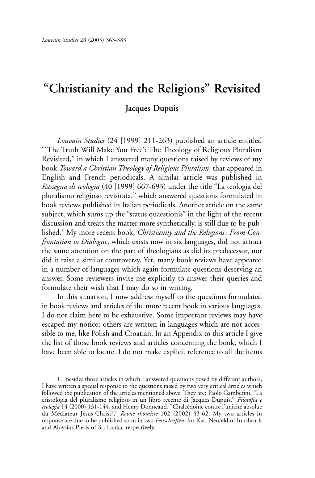 “Christianity and the Religions” Revisited Jacques Dupuis