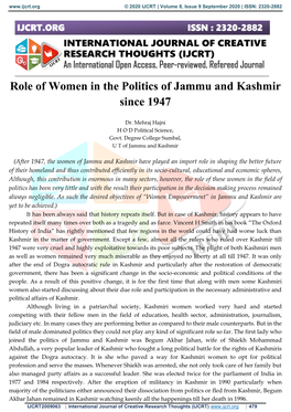 Role of Women in the Politics of Jammu and Kashmir Since 1947