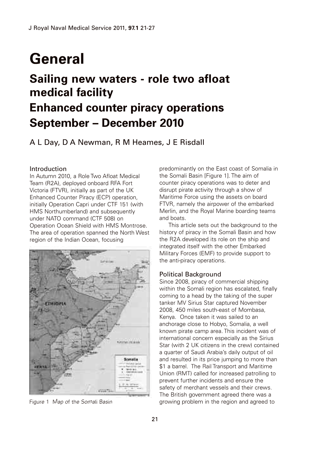 Sailing New Waters - Role Two Aﬂoat Medical Facility Enhanced Counter Piracy Operations September – December 2010