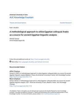 A Methodological Approach to Utilize Egyptian Colloquial Arabic As a Source for Ancient Egyptian Linguistic Analysis