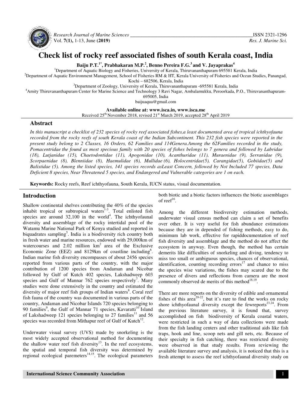 Check List of Rocky Reef Associated of Rocky Reef Associated Fishes Of