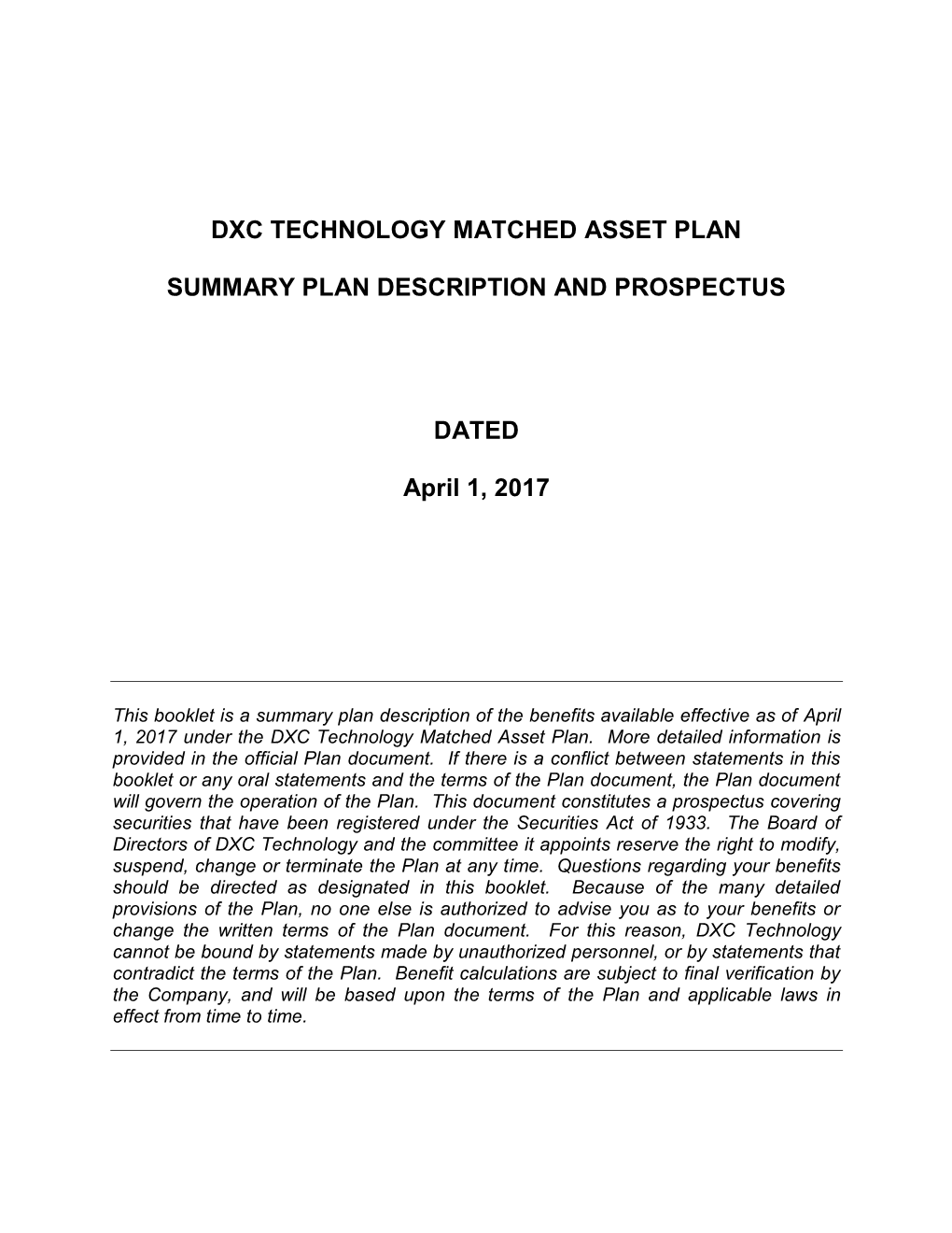 Dxc Technology Matched Asset Plan Summary Plan