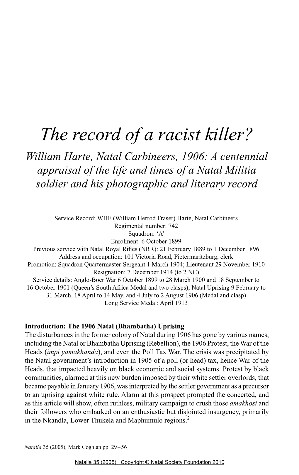 William Harte, Natal Carbineers, 1906: a Centennial Appraisal of the Life and Times of a Natal Militia Soldier and His Photographic and Literary Record