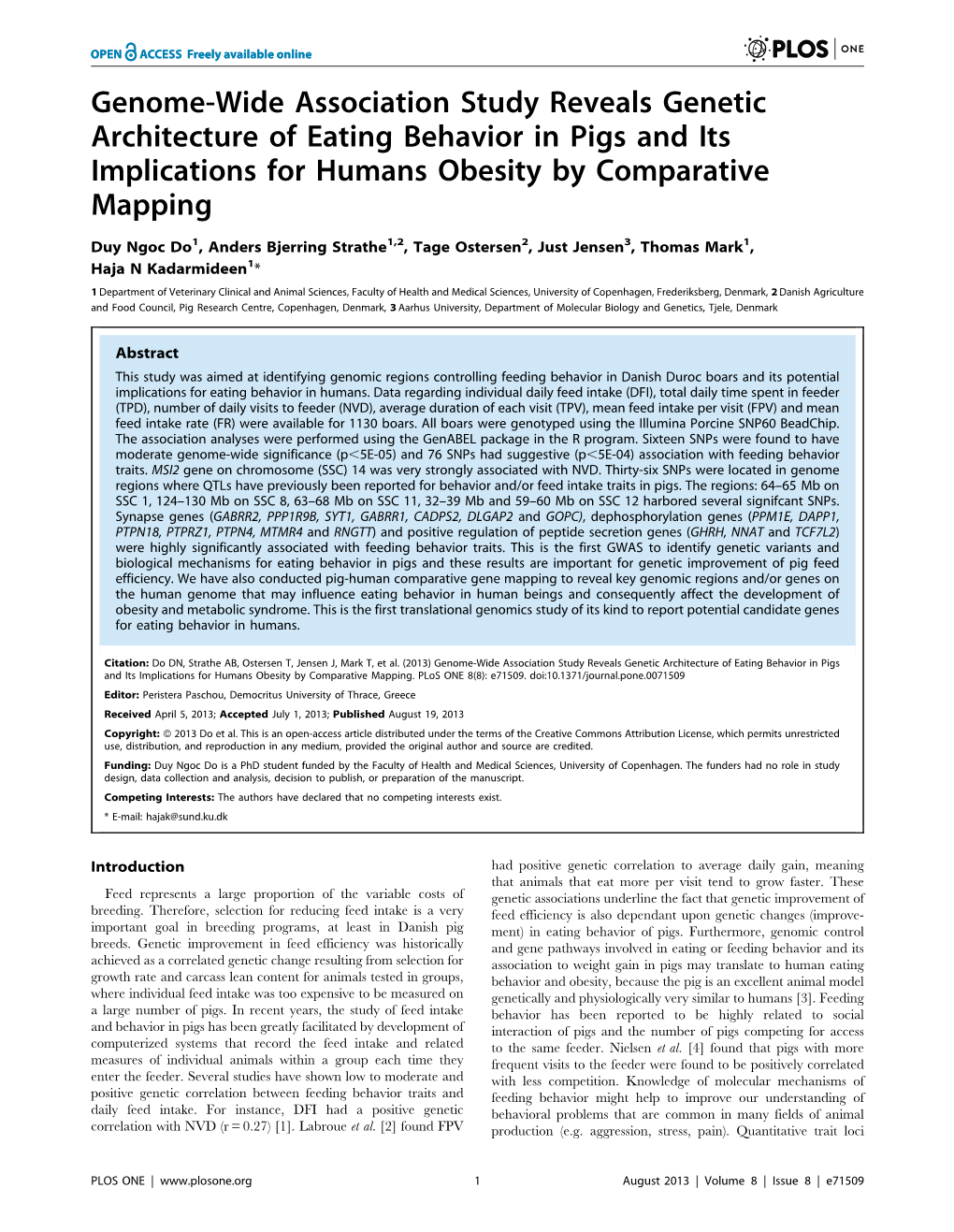 Genome-Wide Association Study Reveals Genetic Architecture of Eating Behavior in Pigs and Its Implications for Humans Obesity by Comparative Mapping