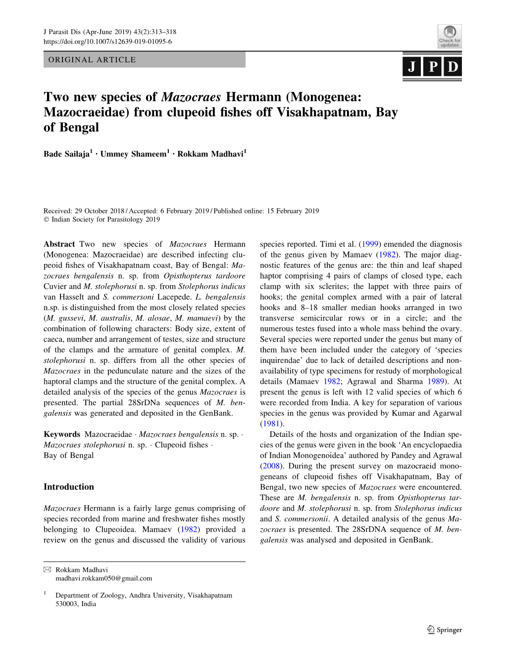 Two New Species of Mazocraes Hermann (Monogenea: Mazocraeidae) from Clupeoid ﬁshes Off Visakhapatnam, Bay of Bengal