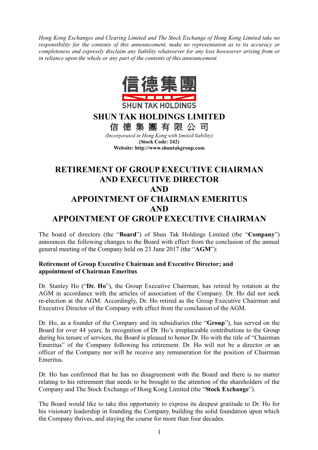Shun Tak Holdings Limited 信 德 集 團 有 限 公 司 Retirement of Group Executive Chairman and Executive