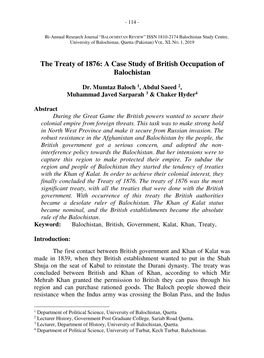 The Treaty of 1876: a Case Study of British Occupation of Balochistan