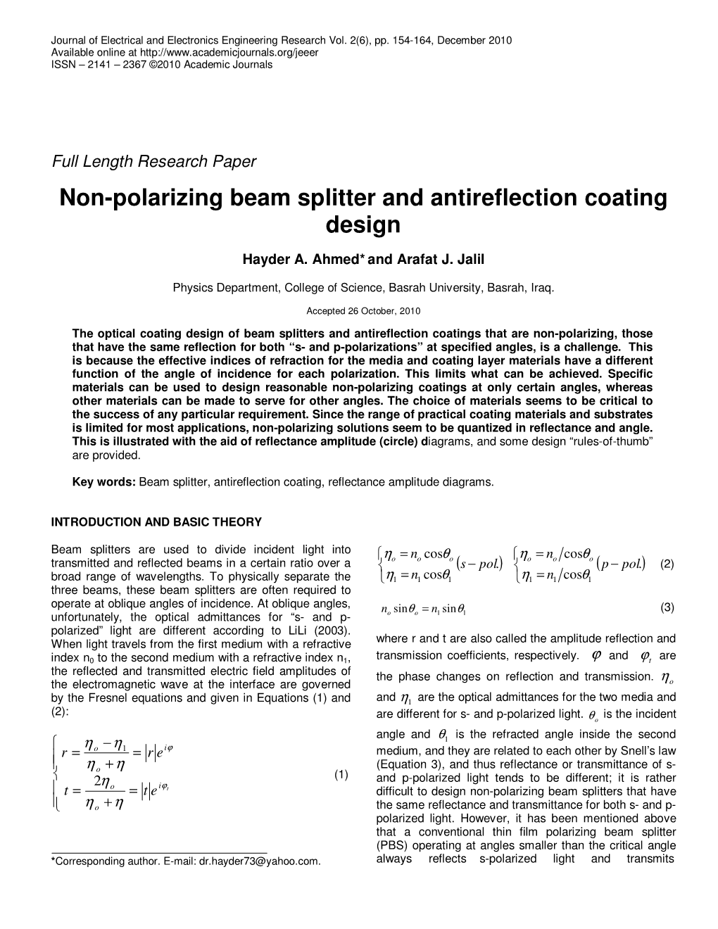 Non-Polarizing Beam Splitter and Antireflection Coating Design