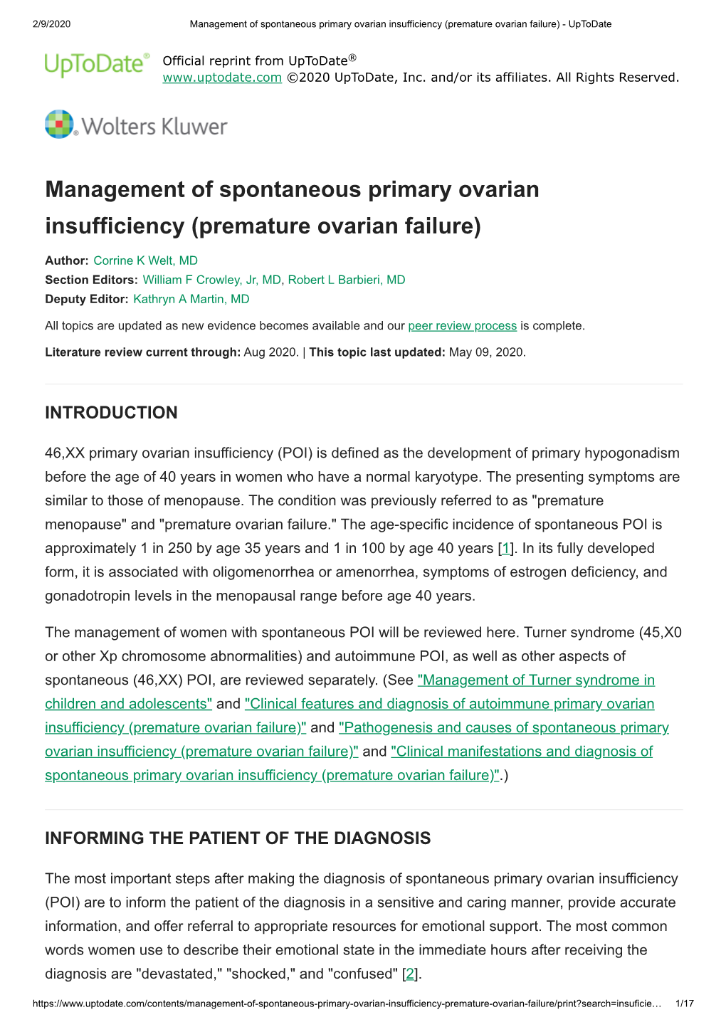 Management of Spontaneous Primary Ovarian Insufficiency (Premature Ovarian Failure) - Uptodate