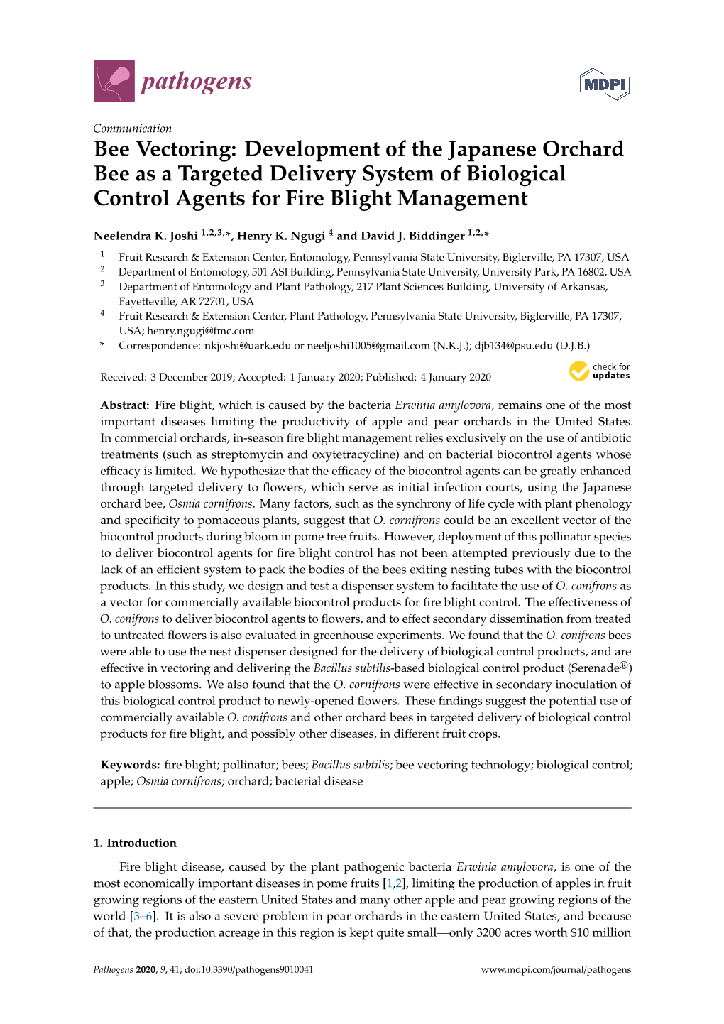 Bee Vectoring: Development of the Japanese Orchard Bee As a Targeted Delivery System of Biological Control Agents for Fire Blight Management