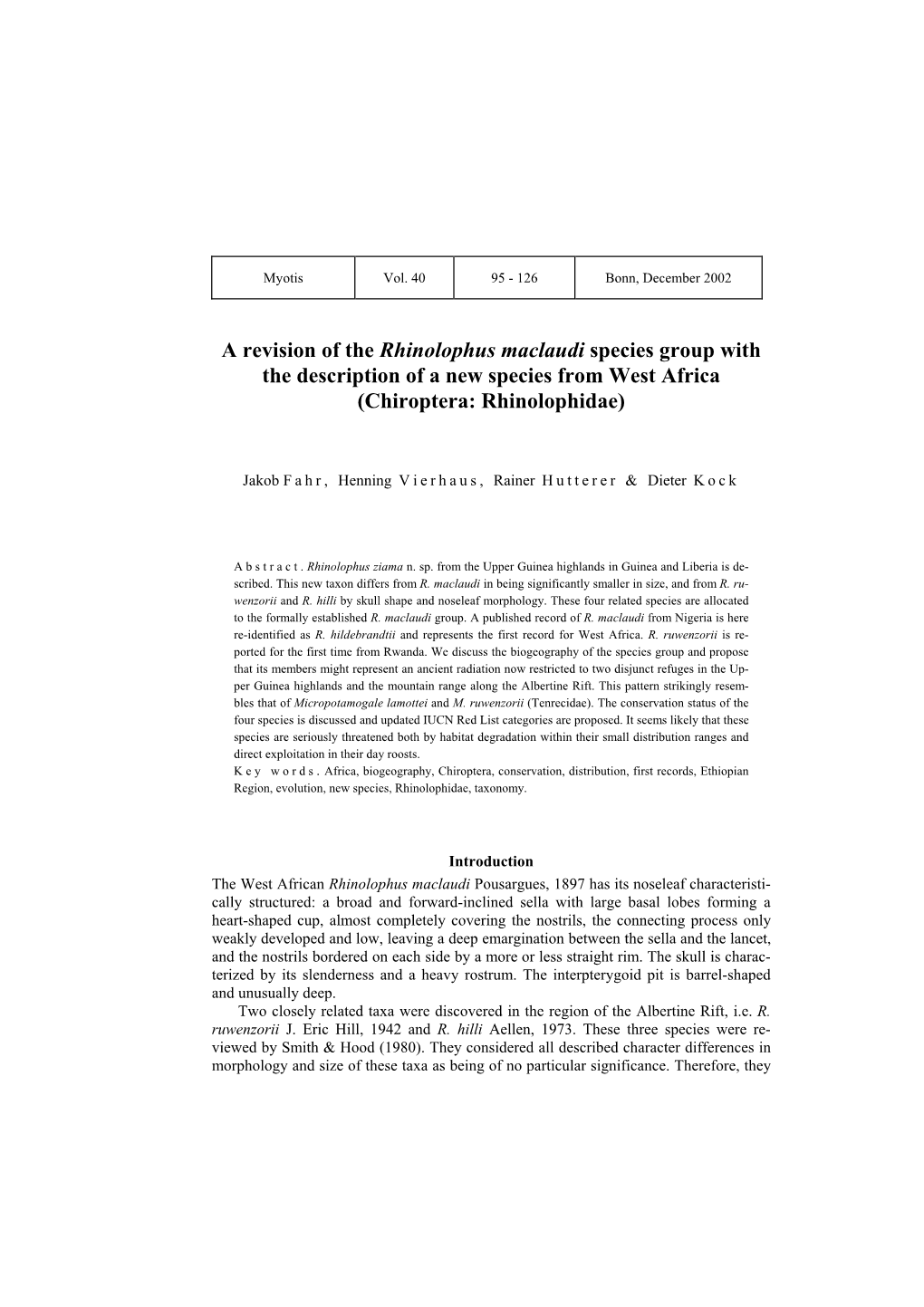 Revision of the Rhinolophus Maclaudi Species Group with the Description of a New Species from West Africa (Chiroptera: Rhinolophidae)