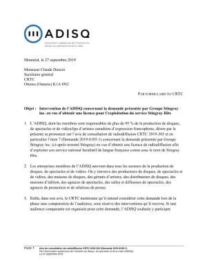 Intervention De L’ADISQ Concernant La Demande Présentée Par Groupe Stingray Inc