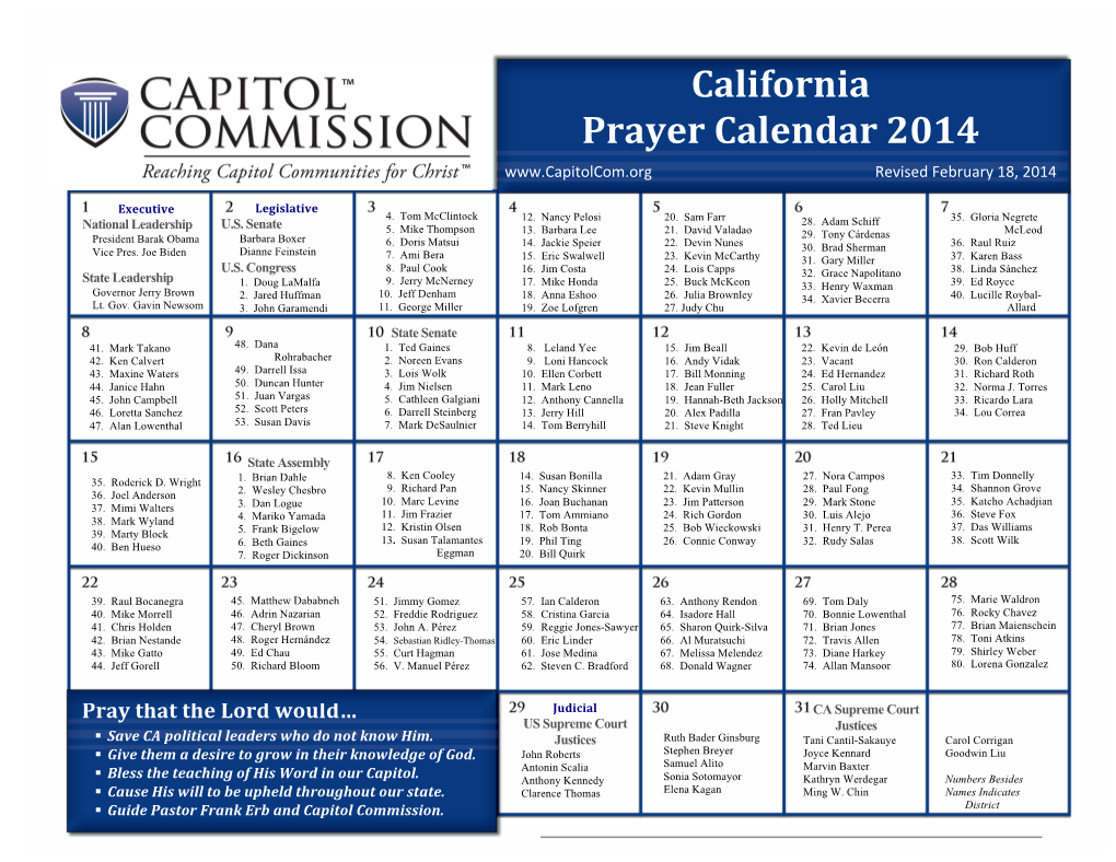 California Prayer Calendar 2014 Revised February 18, 2014