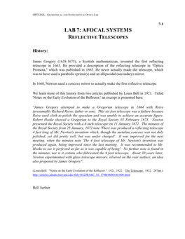 Lab 7: Afocal Systems Reflective Telescopes