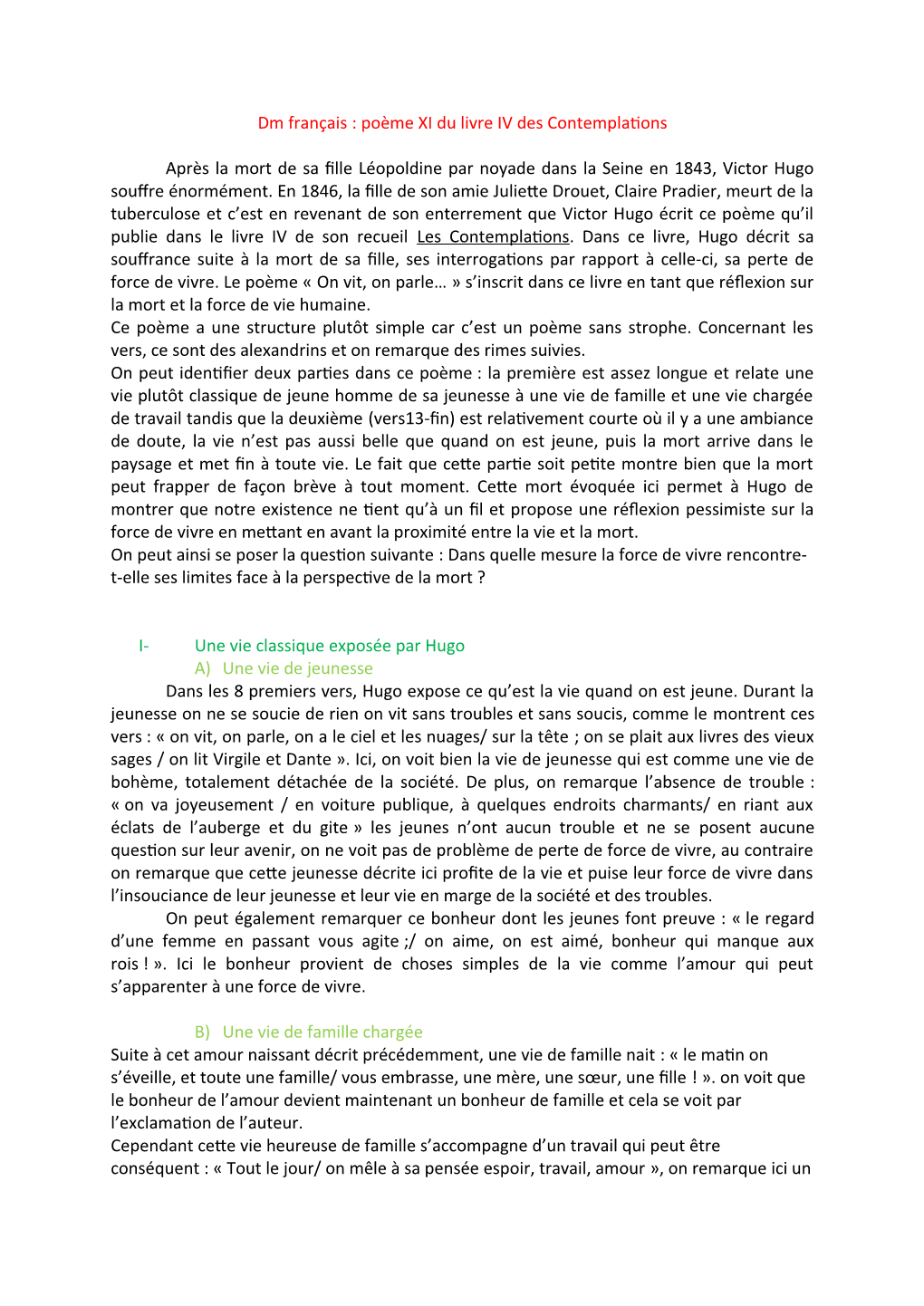 Dm Français : Poème XI Du Livre IV Des Contemplations Après La Mort De Sa Fille Léopoldine Par Noyade Dans La Seine En 1843