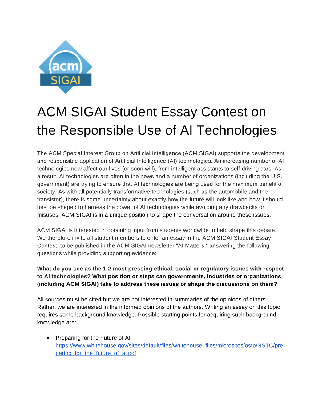 ACM SIGAI Student Essay Contest on the Responsible Use of AI Technologies