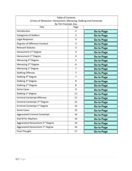 Table of Contents Crimes of Obsession: Harassment, Menacing, Stalking and Contempt by Tim Franczyk, Esq. Title Page Introduction