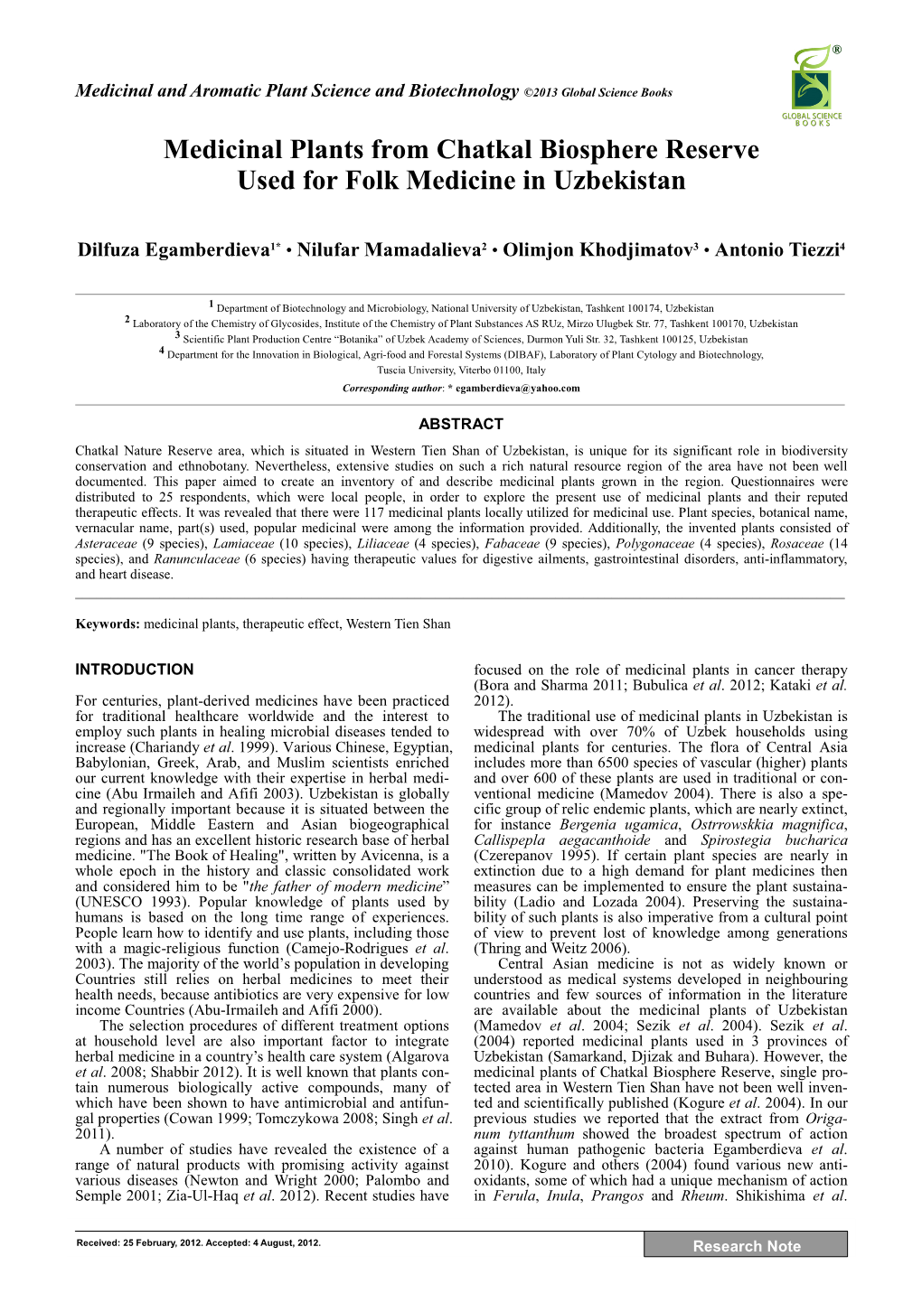 Medicinal Plants from Chatkal Biosphere Reserve Used for Folk Medicine in Uzbekistan