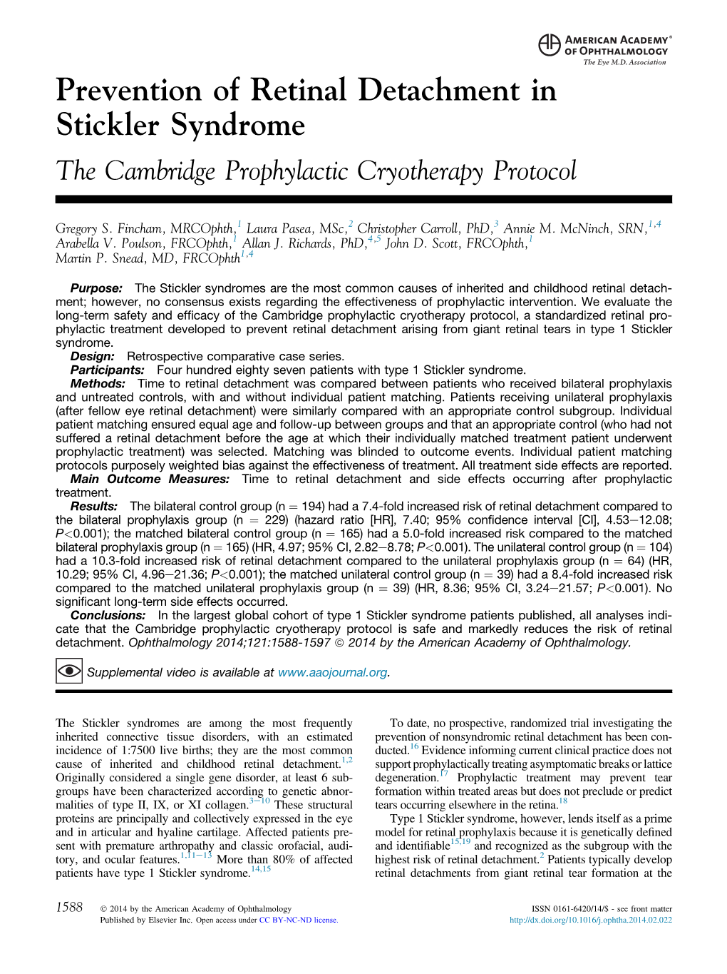 Prevention of Retinal Detachment in Stickler Syndrome the Cambridge Prophylactic Cryotherapy Protocol