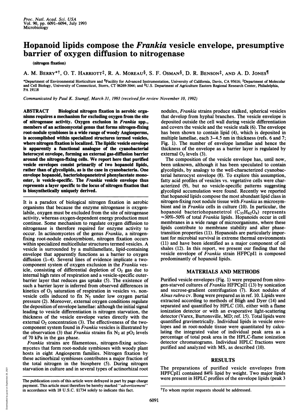 Hopanoid Lipids Compose the Frankia Vesicle Envelope, Presumptive Barrier of Oxygen Diffusion to Nitrogenase (Nitrogen Fixation) A