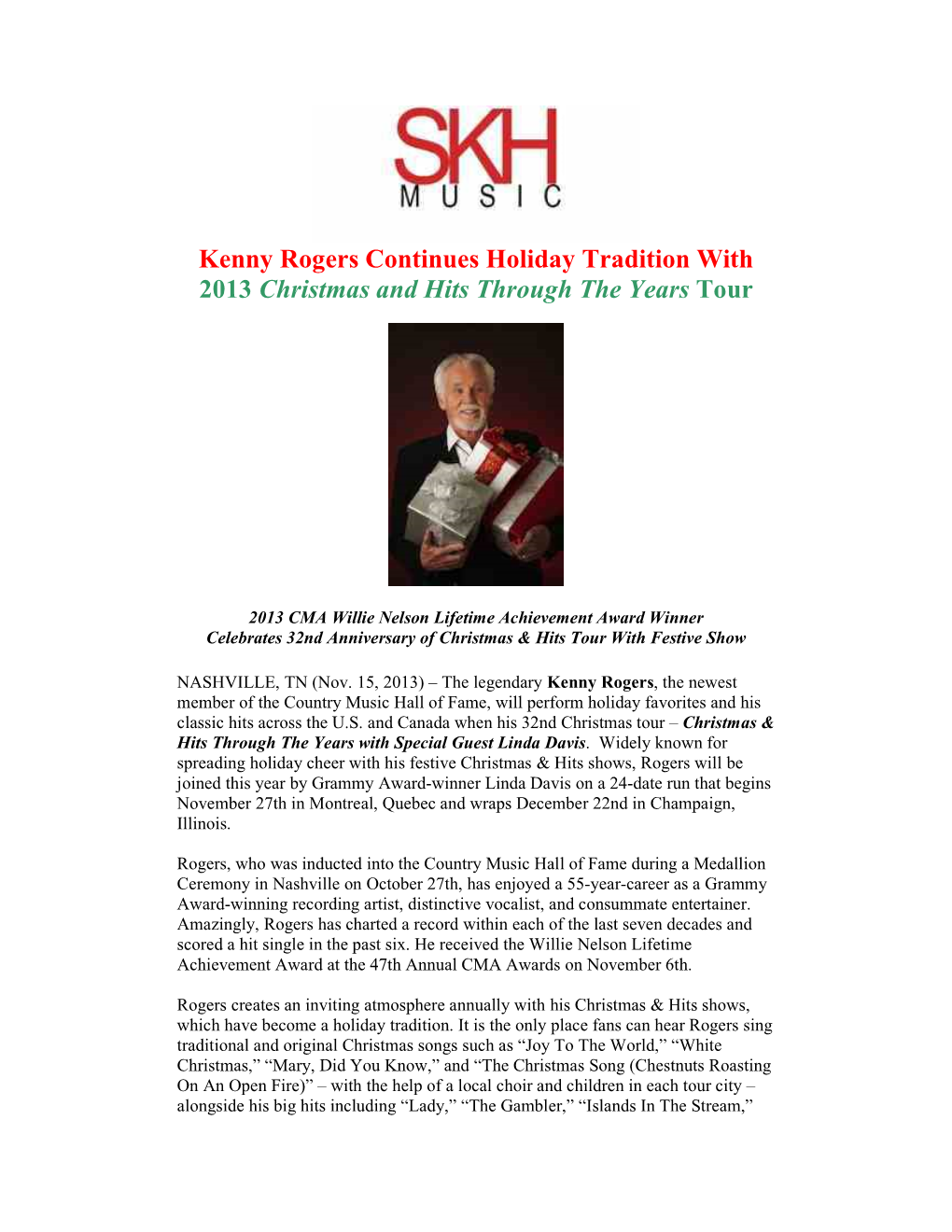 Kenny Rogers Continues Holiday Tradition with 2013 Christmas and Hits Through the Years Tour